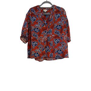 Wonderly Women XL Top Red Blue Floral Cotton Boxy V Neck Bohemian Peasant Flowy